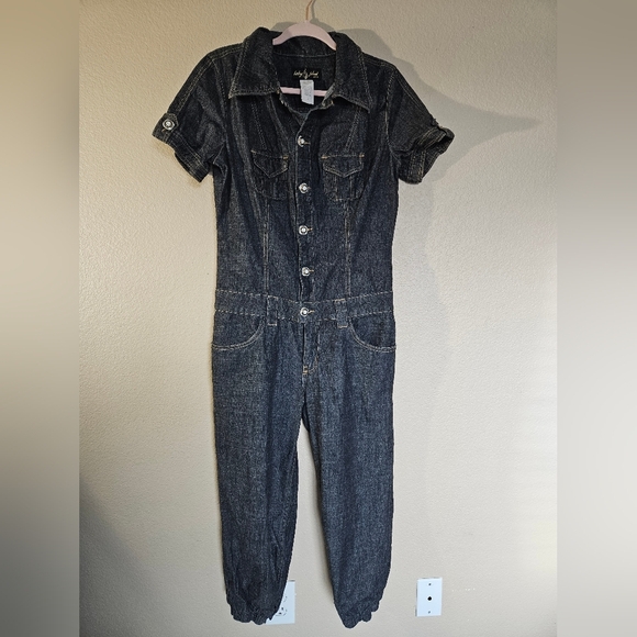 Baby Phat Y2k Vintage Dark Denim Cropped Jogger Utility Jumpsuit Size 11 - Picture 3 of 14